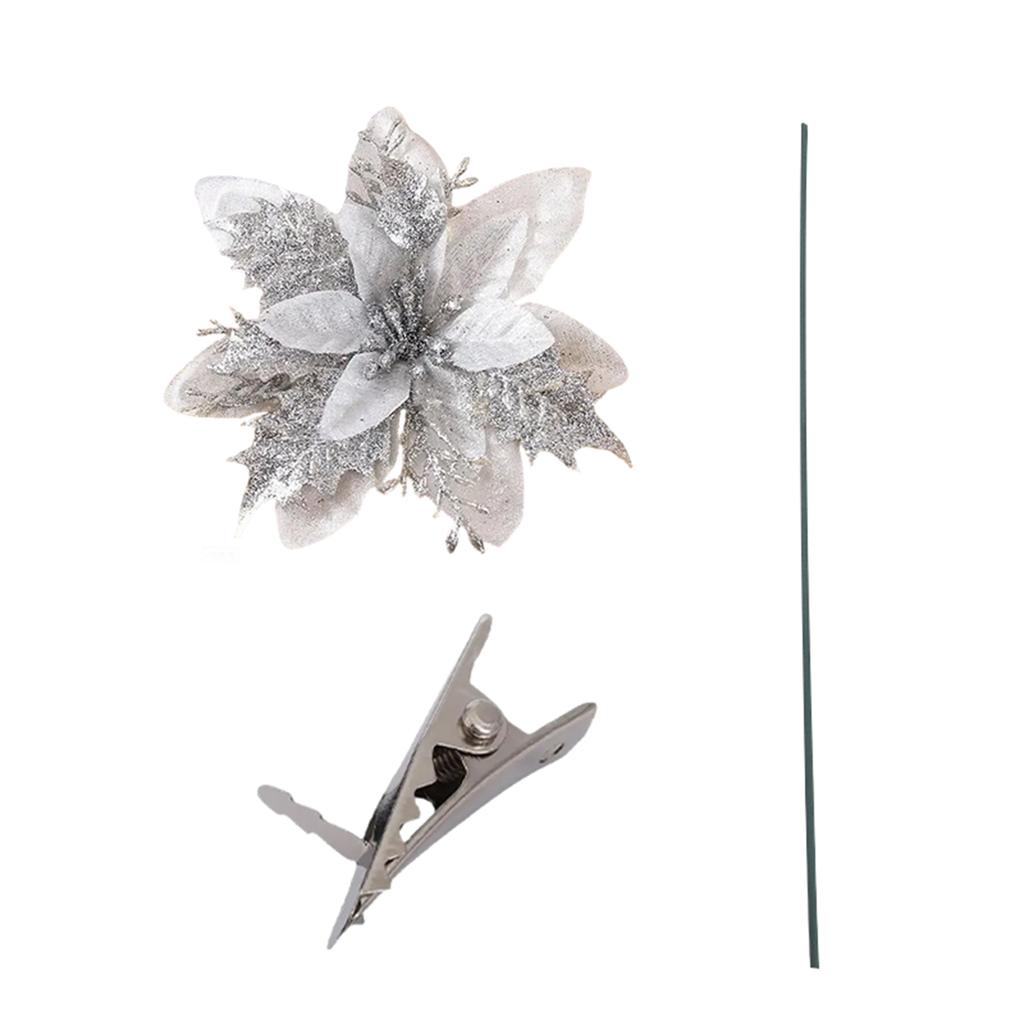 Glitter Poinsettia 5.5 Inch Artificial Flower Christmas Clip Stem Christmas Tree Ornaments For Wedding Party Wreath Decoration