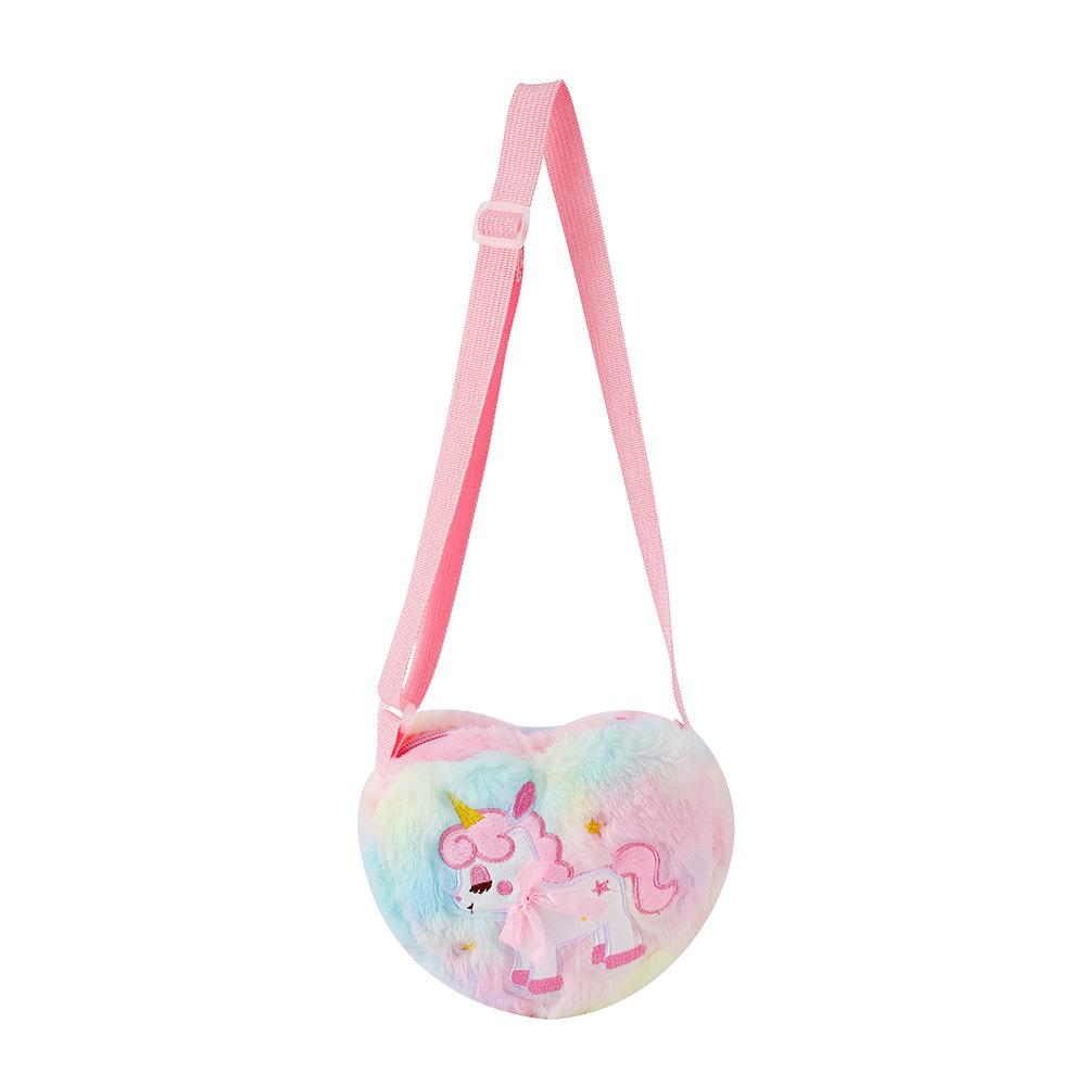 Children's Heart Shaped Shoulder Bag Unicorn Cartoon Plush Love Crossbody Bag Kindergarten Girls' Candy Storage Bag