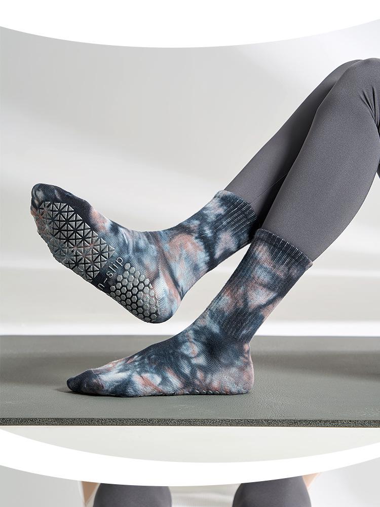 Носки для йоги до середины голени с принтом тай-дай в горошек, нескользящие - Женские влагоотводящие фитнес-носки на весну/лето