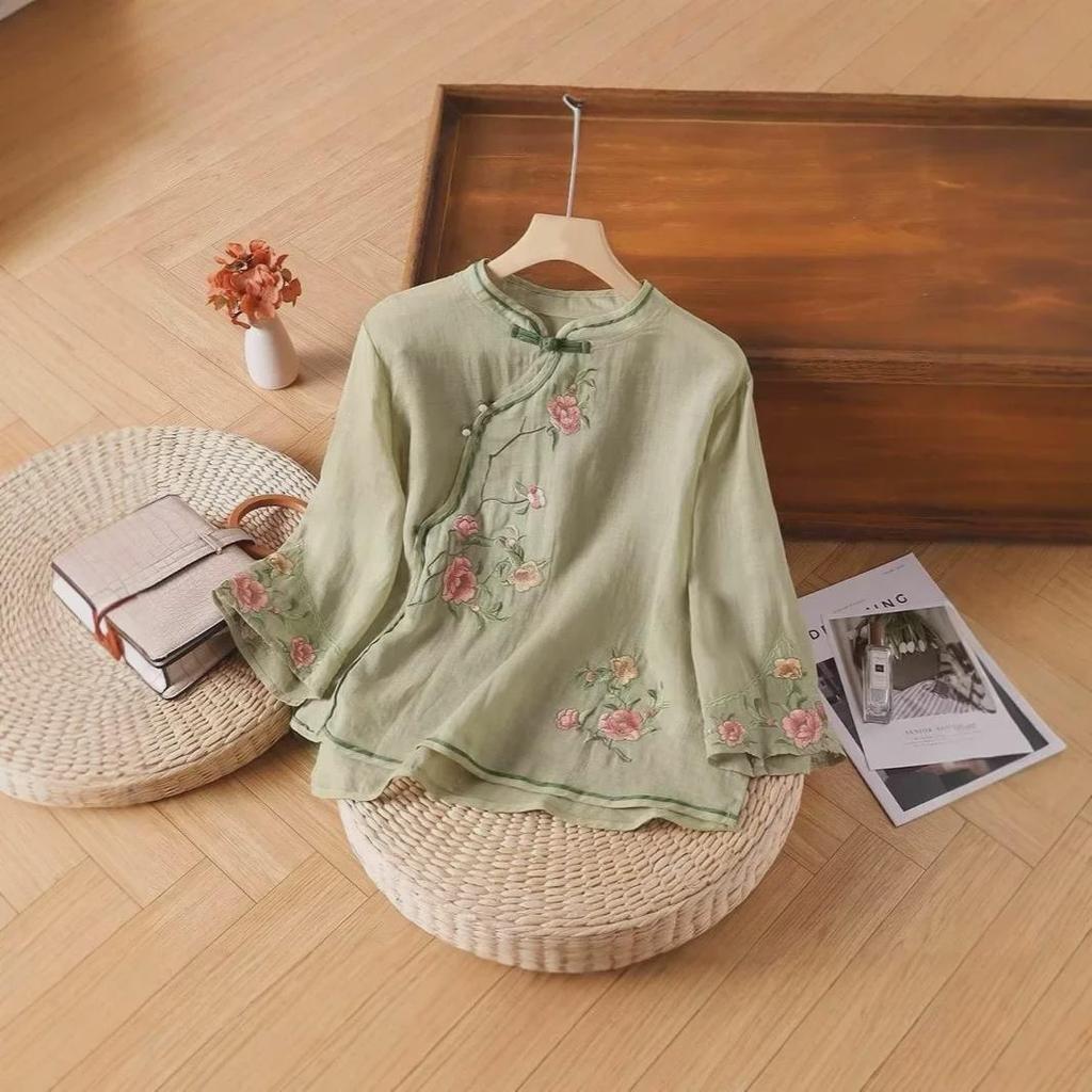 Женский этнический хлопковый топ с вышивкой - китайская косая планка с пуговицами-лягушками, художественная летняя рубашка