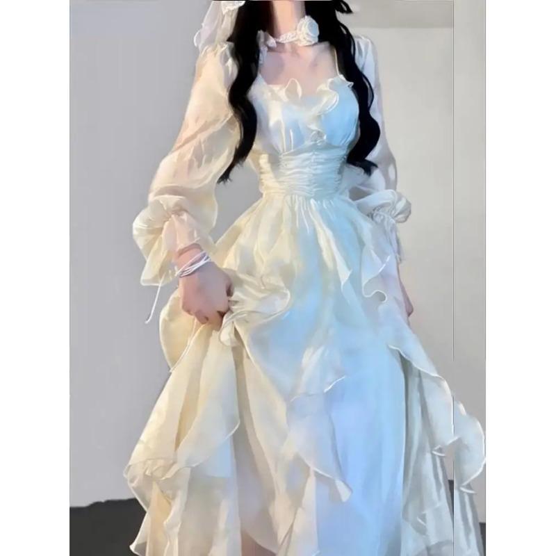 Элегантные однотонные платья феи с оборками, корейская мода, тонкое платье миди трапециевидной формы, весна-лето, женское вечернее платье принцессы, Vestidos