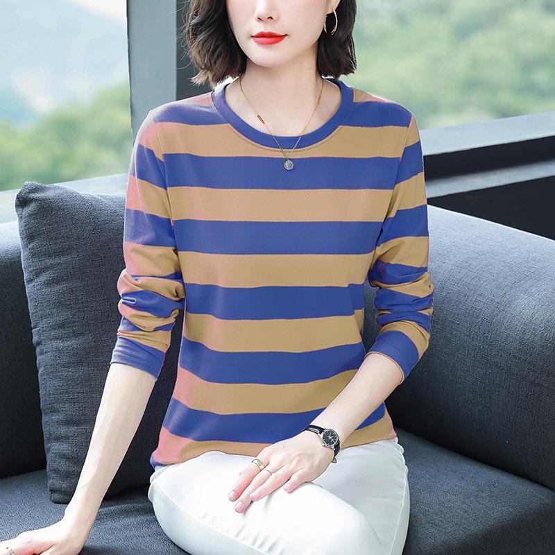 Осенняя одежда для мам среднего возраста, свободная хлопковая футболка с длинным рукавом больших размеров, женская осенняя одежда, майки с полосатыми топами