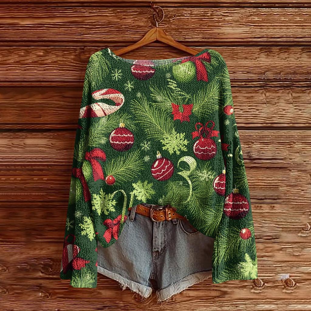 Women's Christmas Print Lightweight Sweater Casual Long Sleeve Knitted Pullover