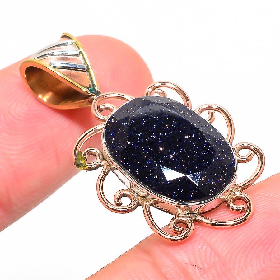 Натуральный синий солнечный камень двухцветный 925 пробы цельное стерлинговое серебро подарок кулон 1.40" L1E60