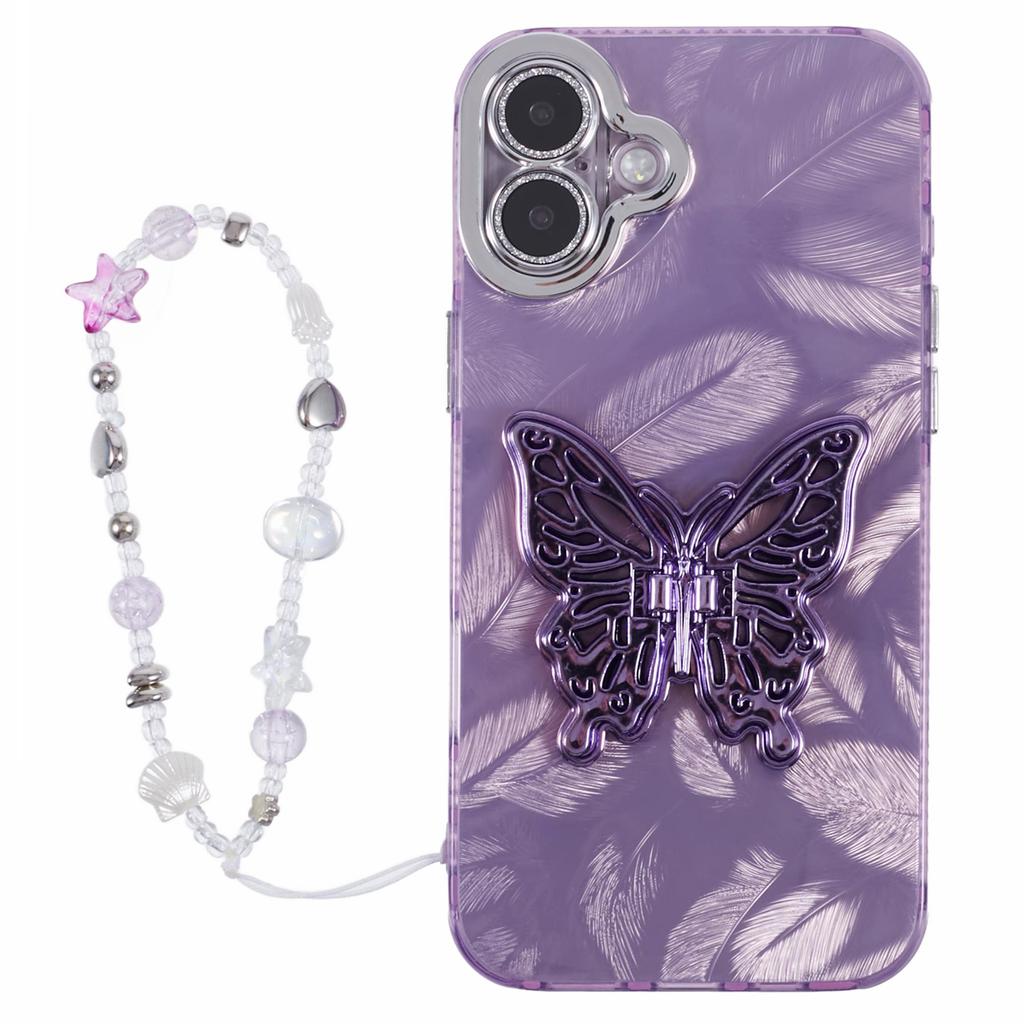 For iPhone 16 Case Butterfly Kickstand PC+TPU IMD Phone Cover with Lens Film / Beaded Strap - Feather Pattern / Pink
