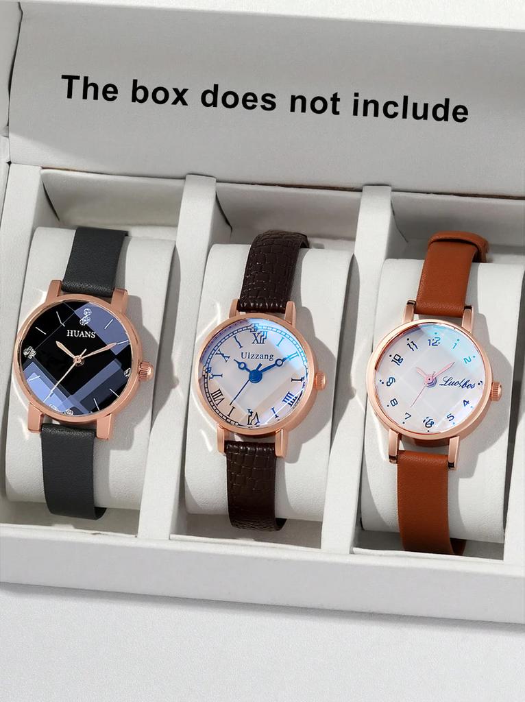 Women's Fashion Watch 3-Piece Set Rose Gold Case Leather Strap Retro Fresh Multi-Style Quartz Watch Daily All-Match