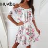 Summer Snowstorm Print Off-the-shoulder Sexy Halter Dress with Lotus Sleeves