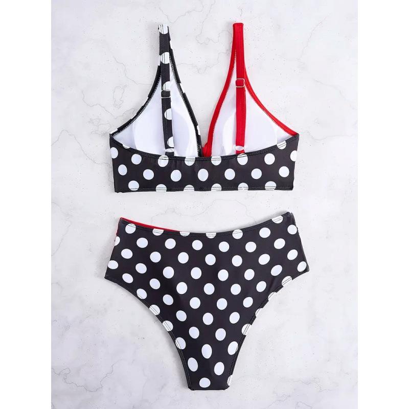 European and American split swimsuit women's print, color-blocked polka dot cross backless sexy high-waisted seaside swimsuit bikini