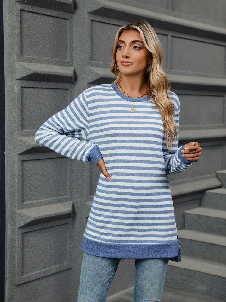 Элегантная и модная осенне-зимняя удобная однотонная полосатая футболка с круглым вырезом и длинными рукавами, повседневная футболка, свитер, толстовка с капюшоном