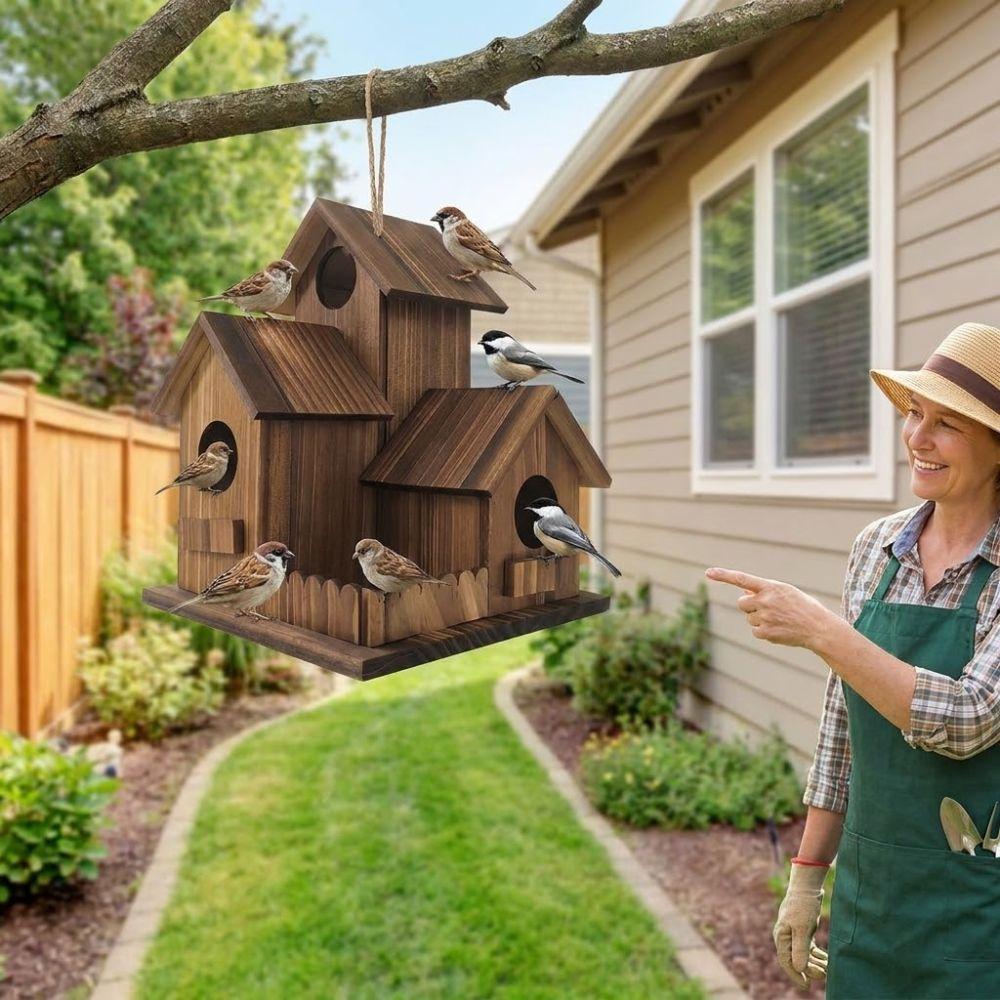 3 Chambers Wooden Bird House Incubation Box Thickened Hanging Birdhouse Rustic Weather Resistant Bird Villa Nest Backyard
