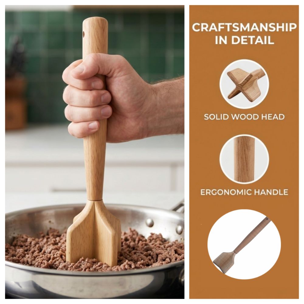 Natural Wood Wooden Ground Beef Masher Durable Non-Scratch Meat Grinder Meat Separator Kitchen