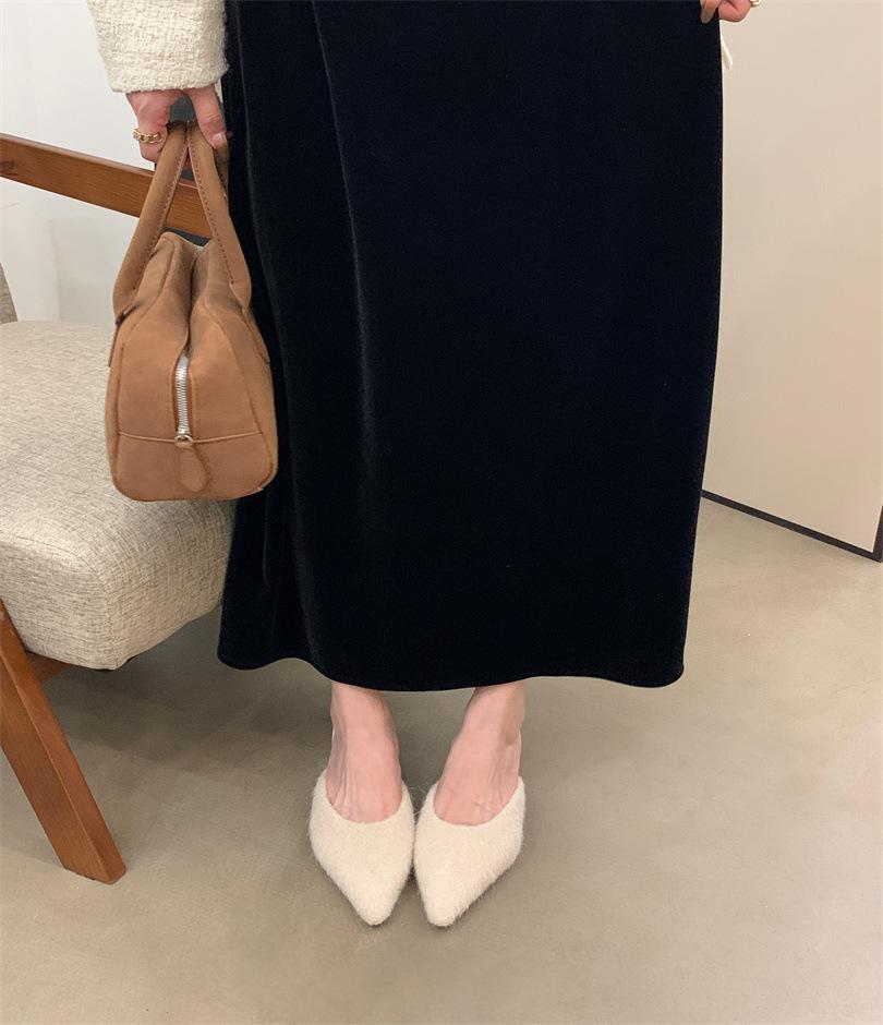 Suede Muller Shoes Autumn and Winter Special-shaped Heel Autumn and Winter Fluffy Slippers Women's Outer Wear Bag Head Rabbit Hair Warm French Sma