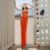 Thailand Sanya Seaside Vacation Orange Hollow Lace Hip Wrap Pleated Tube Top Pure Desire Sexy Dress Beach Dress
