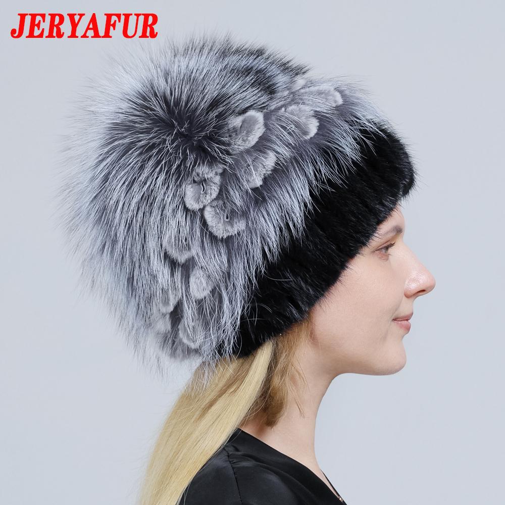 JERYAFUR Женская шапка из натурального меха норки, помпон из лисы, цветы кролика, стильная теплая модная зимняя шапка из натурального меха для девочек, вязаная