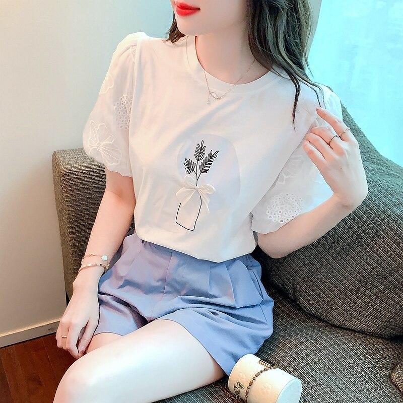 Повседневная футболка с принтом, женские элегантные летние женские топы с круглым вырезом, кружевная рубашка в корейском стиле, пышная блузка с короткими рукавами 27463