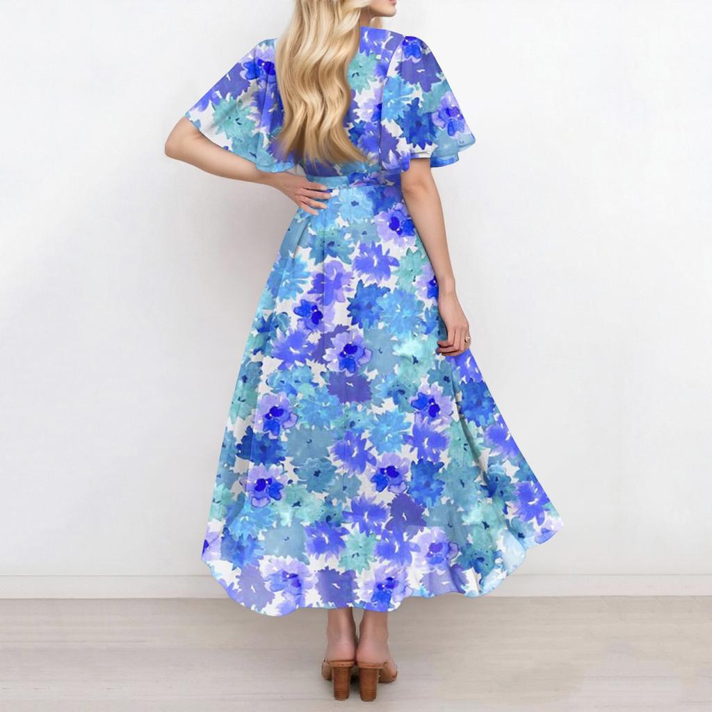 Женское летнее модное расклешенное платье с V-образным вырезом и короткими рукавами с цветочным принтом