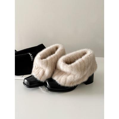 Версия из коровьей кожи~ Плюшевые ботильоны на высоком каблуке с квадратным носком, плюшевые теплые ретро короткие ботинки, плюшевые угги, женская универсальная хлопковая обувь