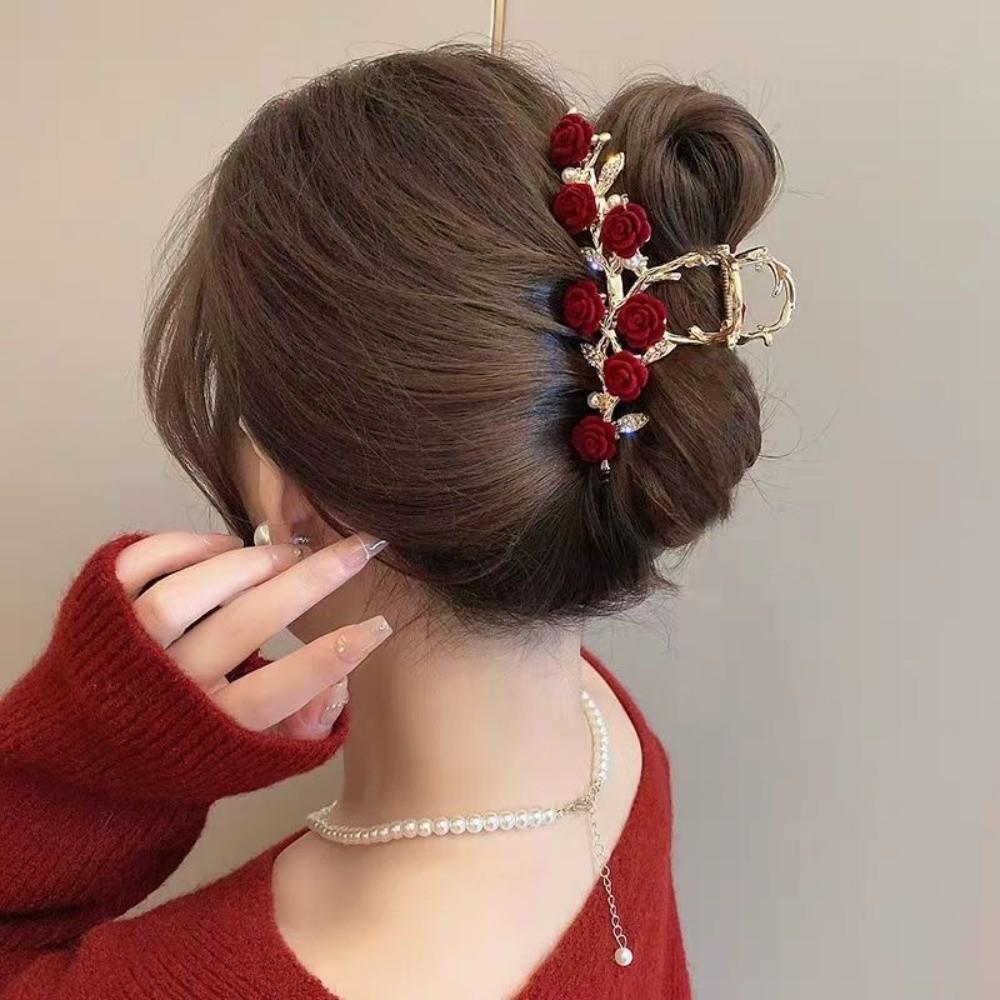 Pearl Tassel Rhinestone Hairpins Red Metal Hairgrip Elegant Rose Hair Claw Clips Hair Accessories