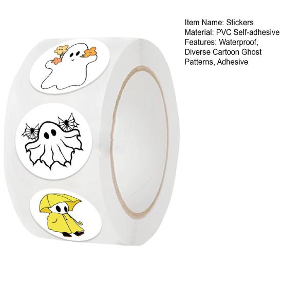 1 Roll Halloween Stickers 500 Sheets Waterproof Diverse Cartoon Ghost Patterns Adhesive for Envelopes Bags Bottles Treats Decorations Decals