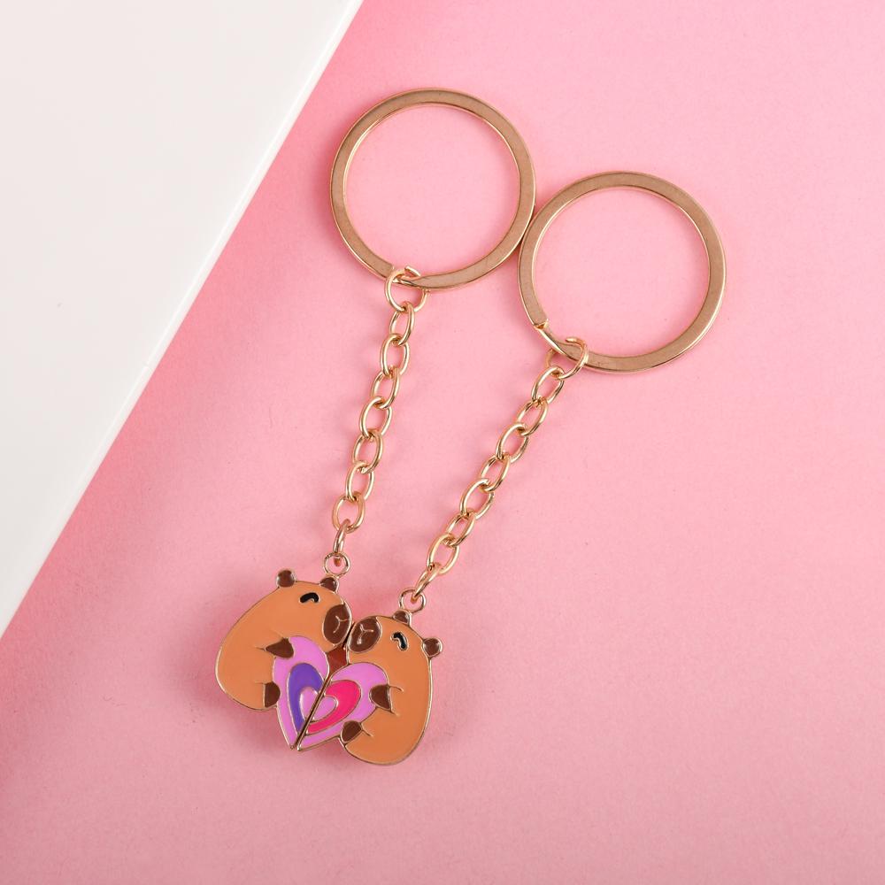 2Pcs/set Cute Kapibala Heart-shaped Stitching Best Friend Bestie Key Chain BFF Friendship Jewelry Gifts for Girls