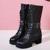 Модные мотоциклетные ботинки на толстом каблуке до середины икры, женские зимние черные женские ботинки на толстом каблуке с боковой молнией из кожи и искусственной кожи для женщин