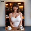 HD Metal Tin Sign Gorgeous Brunette in White Ribbed Cami Posing in Coffee Shop Vintage Wall Art Decor for Home Bar Man Cave Retr