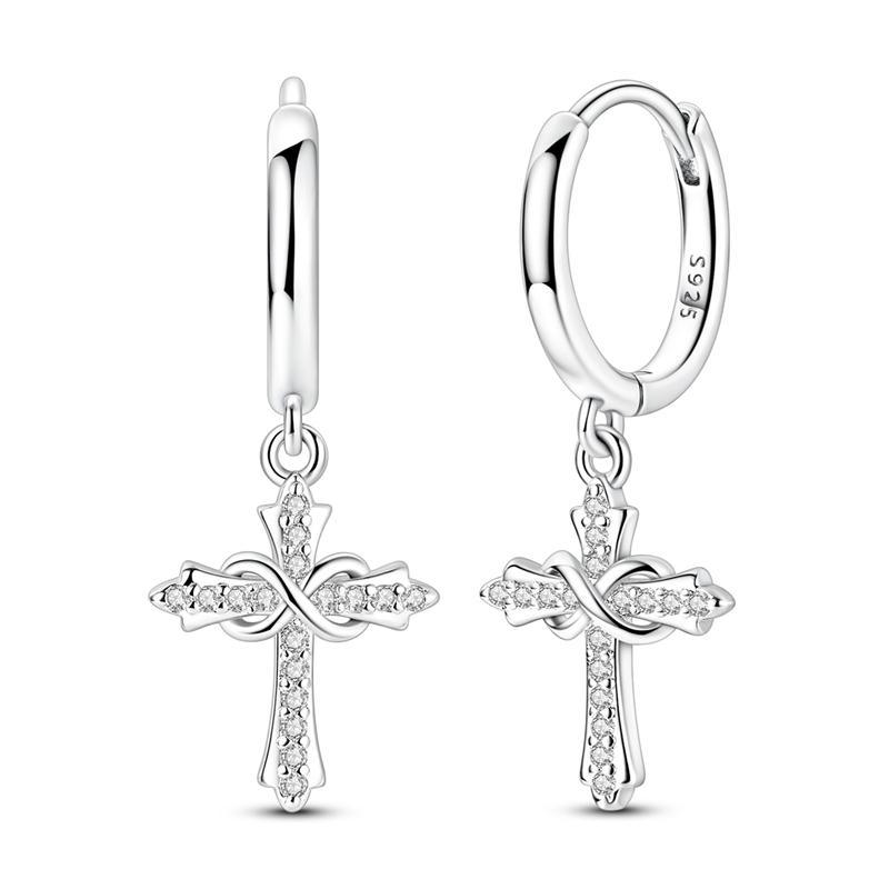 925 Silver Classic Zircon Cross Pendant Hoop Earrings for Women Jewelry Gift