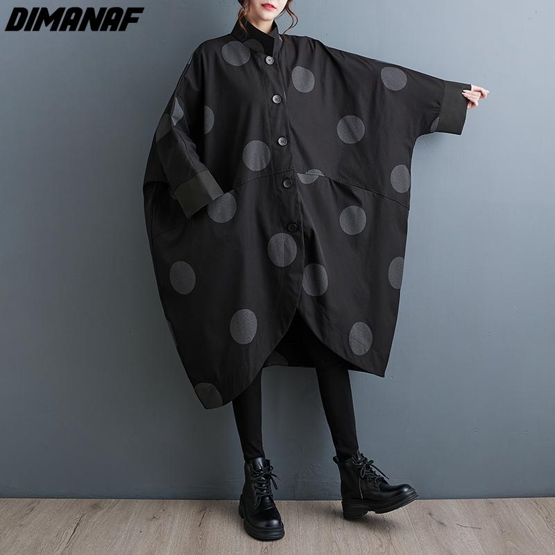DIMANAF Большой размер Длинный тренч с винтажным принтом в горошек и рукавами «летучая мышь» на осень/зиму 2023