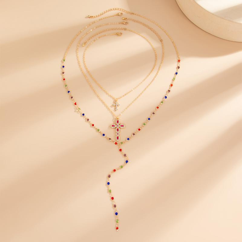 3/4Pcs Simple Jesus Cross Pendant Choker Stacking Necklace For Women Trendy Colorful Crystal Chain Christian Jewelry Gift
