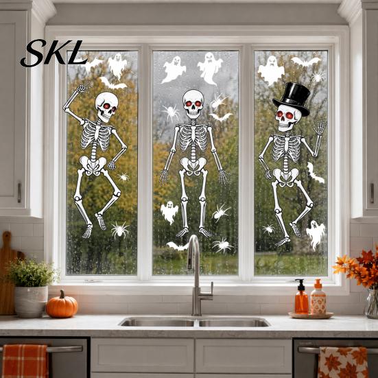 Wear-resistant Glass Cling 3Pcs Halloween Skeleton Stickers, Waterproof PVC Window Clings, Static Decals, Durable Removable Stickers for Home