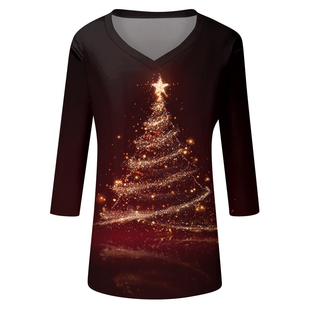 Women's Tops Three-quarter Sleeve Shirt V-neck Loose Casual Shirt Print T-shirt