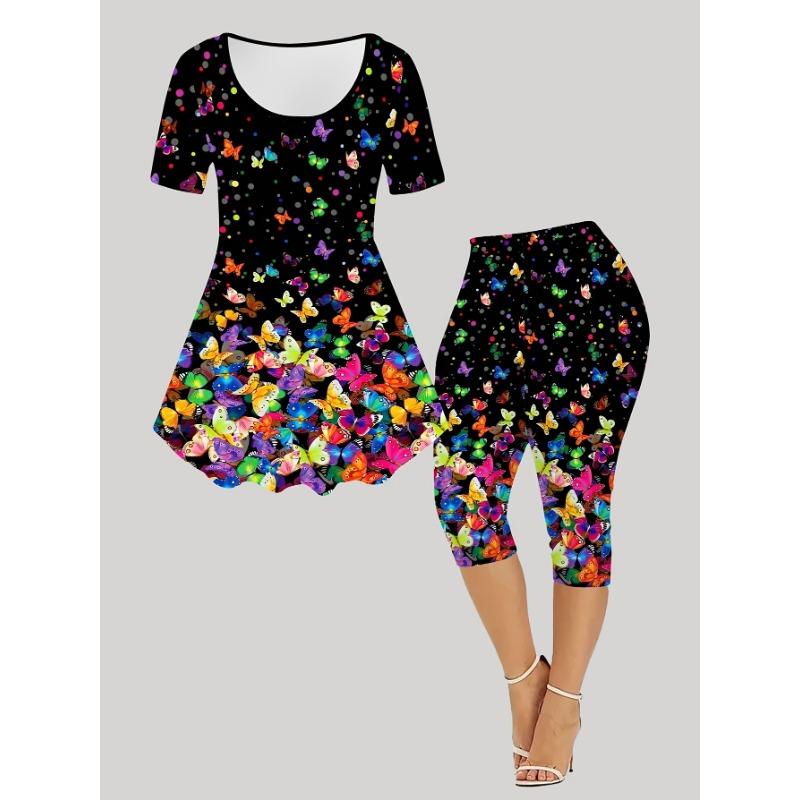 Women's colorful butterfly fluttering printed fashionable short-sleeved cropped pants suit