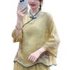 Летняя новая хлопково-льняная блузка с рукавом средней длины в национальном стиле, с вышивкой, с этнической застежкой на косую планку