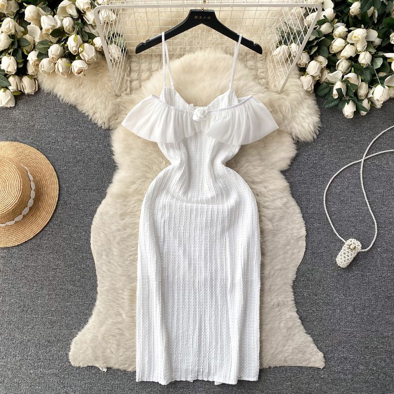 Socialite Style Fancy Banquet Birthday Banquet Party Dress Women's off-Shoulder Spaghetti Straps Ruffles Waist Dress