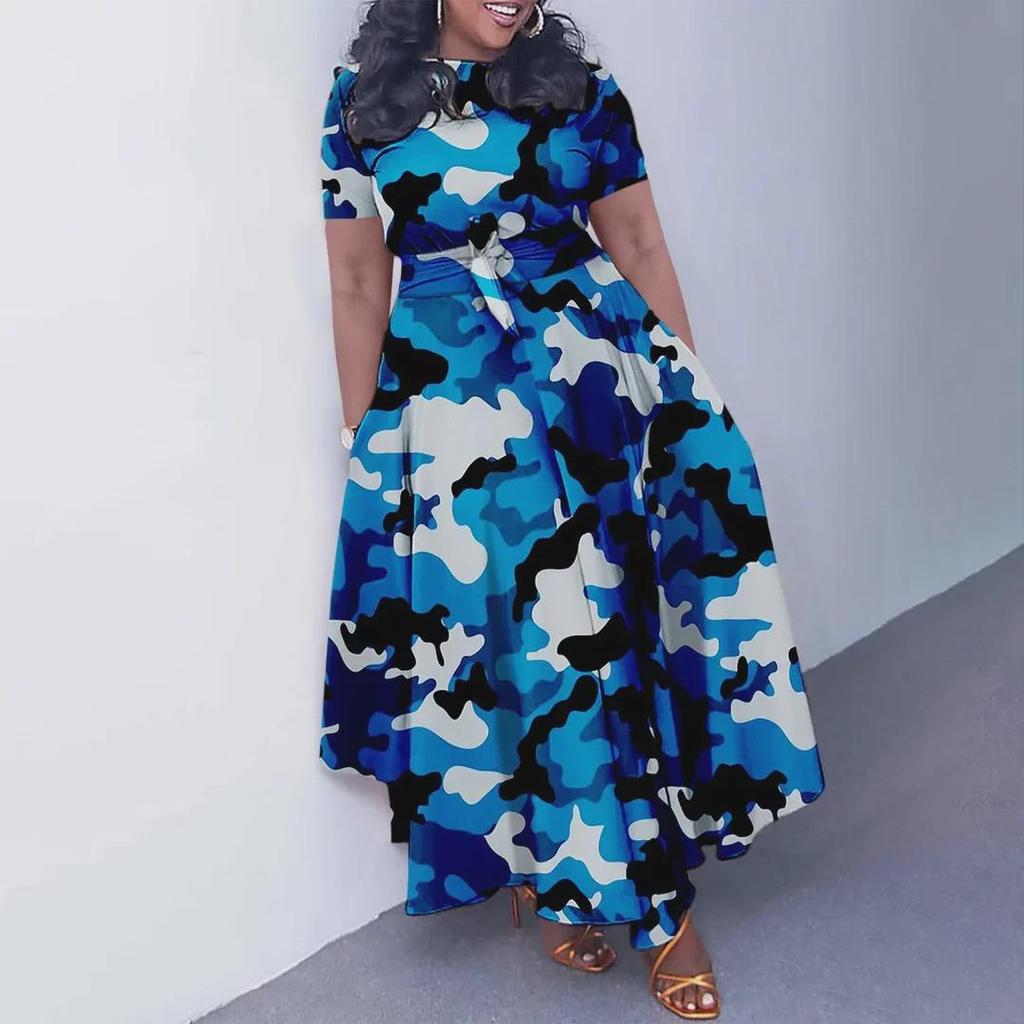 Новое женское платье из африканского кружева 2024 года: Короткие рукава, свободный крой, большие размеры, элегантная мода