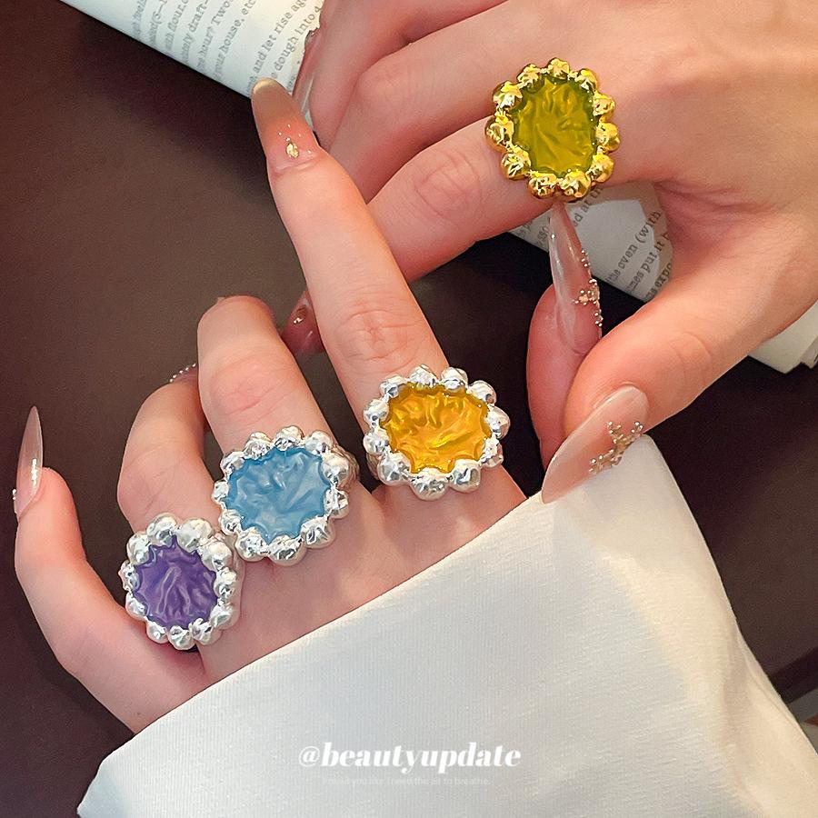 Medieval Vintage Drip Enamel Flower Open Ring Niche High Sense Adjustable Women Fashion Finger Jewelry