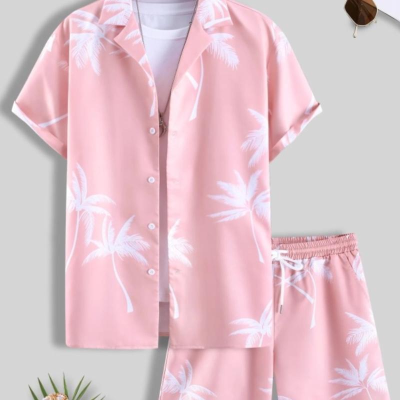 Мужская рубашка с принтом пальм в случайном порядке и шорты на талии с завязками без футболки