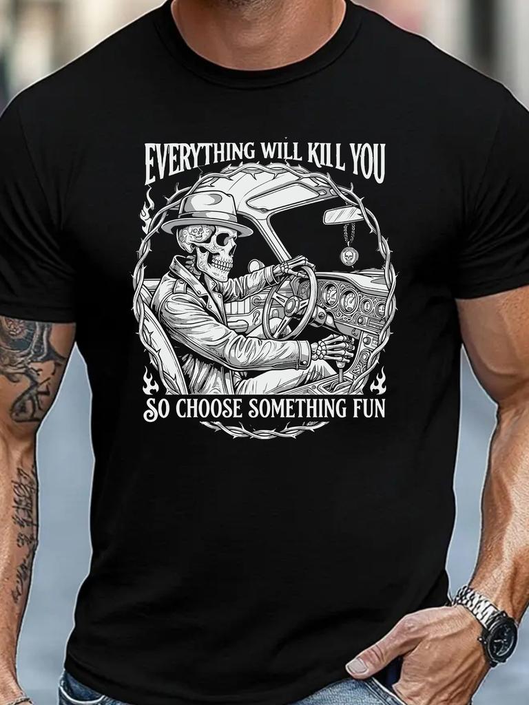 Retro Distressed Skull Pattern T-shirt for Men - Round Neck. Thorn and Flame Elements. Daily Versatile Short Sleeve. Men's T-shirt
