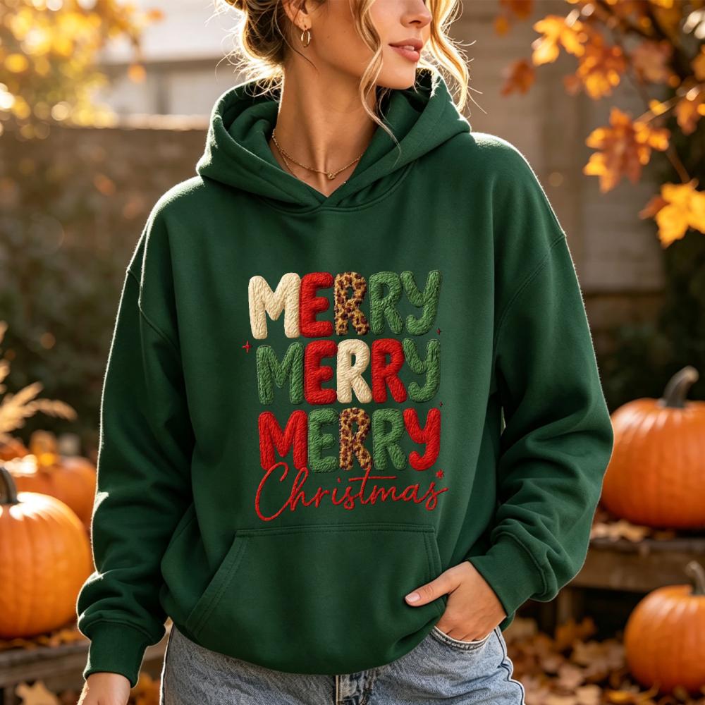 Merry Christmas Leopard Letter Print Hoodies Women Autumn Winter Holiday Festive Graphic Pocket Hooded Sweatshirt Outerwear