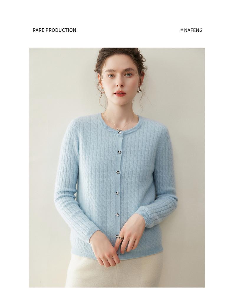Women's 100% Pure Cashmere Cable Knit Round Neck Cardigan Sweater for Autumn and Winter