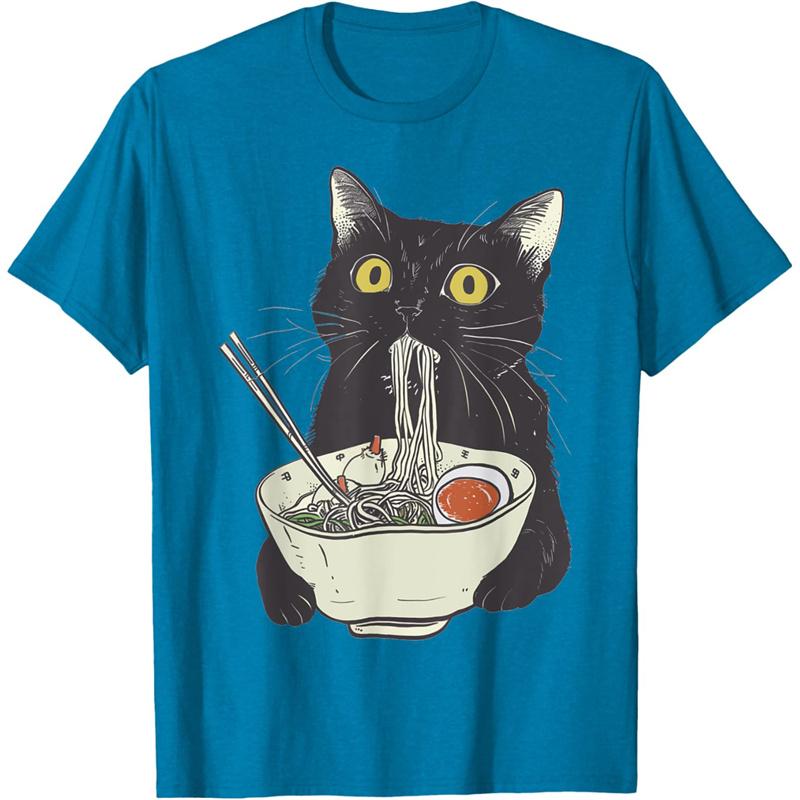 Футболка с забавным рисунком кошки для женщин, еда, лапша, 3D-принт, короткие рукава, летние свободные топы с воротником