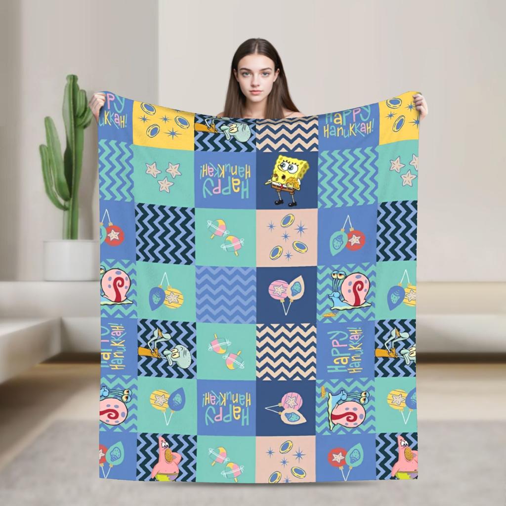 SpongeBob SquarePants Cartoon Blankets Squidward Flannel Funny Breathable Throw Blanket for Chair Covering Sofa Textile Decor