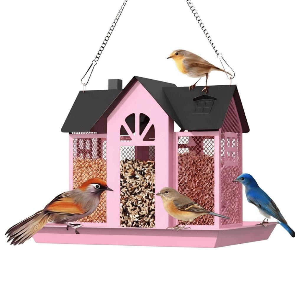 Multi-purpose Metal Hanging Bird Feeder Large Capacity House Shape Hummingbird Feeder Rainproof Wild Bird Feeder Yard Decoration