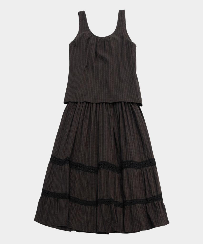 Some Place Check Mix Lace Voluminous Flare Tiered Shirred Sleeveless Layered Long Dress [Brown]