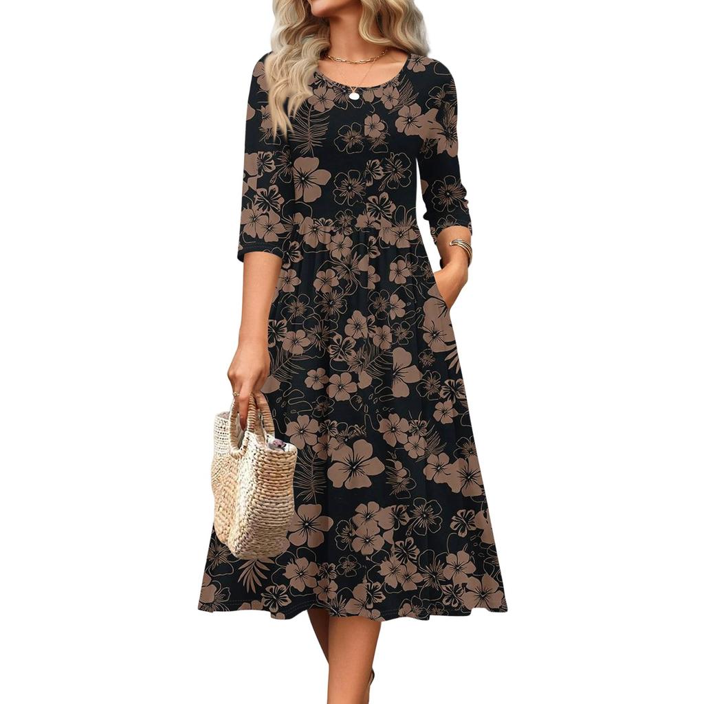 Женское платье с рукавом 3/4, повседневное, свободное, А-силуэта, миди, футболка, с карманами, с круглым вырезом, для отпуска, в стиле бохо, пляжный сарафан
