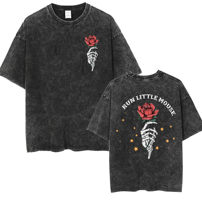 IICYIFY Mens Skull Vintage Washed Tshirts Run Little Mouse Print Short Sleeve Tshirt Yk Unisex Punk Gothic Clothing T Shirt