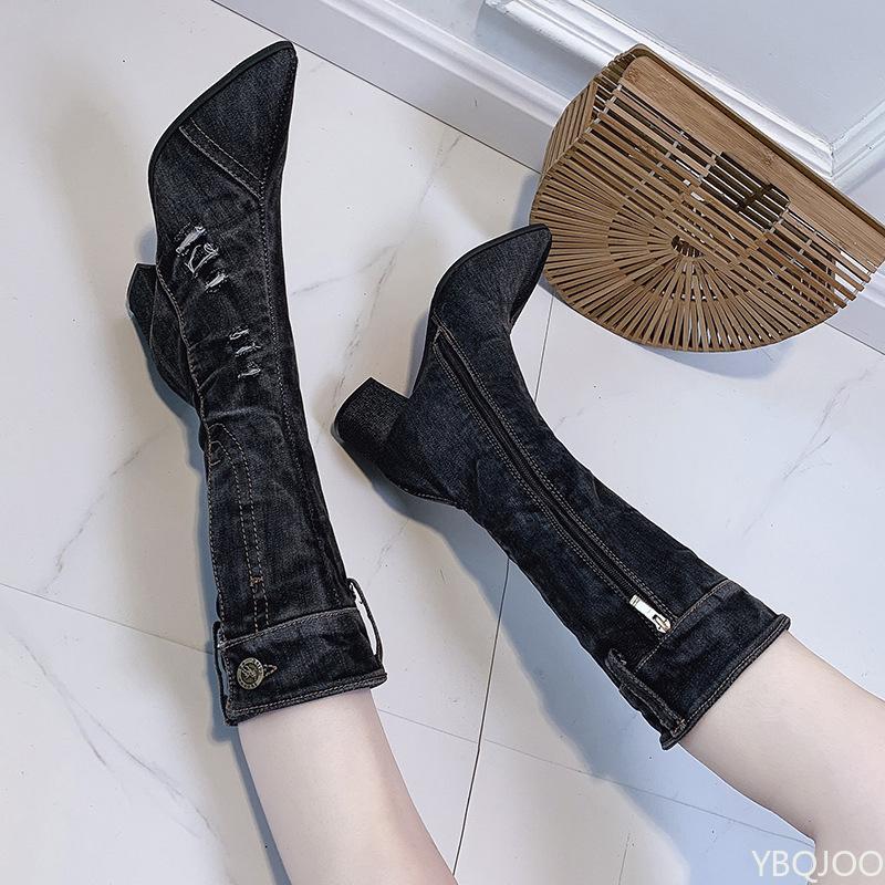 Fashion 2024 Women Chunky Denim Mid-Calf Boots Block High Heels Boots Winter Fashion Cowboy Western Boots Thick Heels Shoes