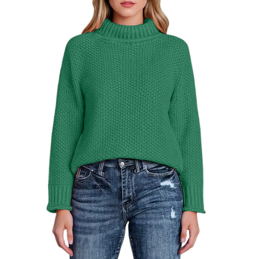 Модный женский вязаный свитер с высоким воротником, длинными рукавами и подвернутым краем