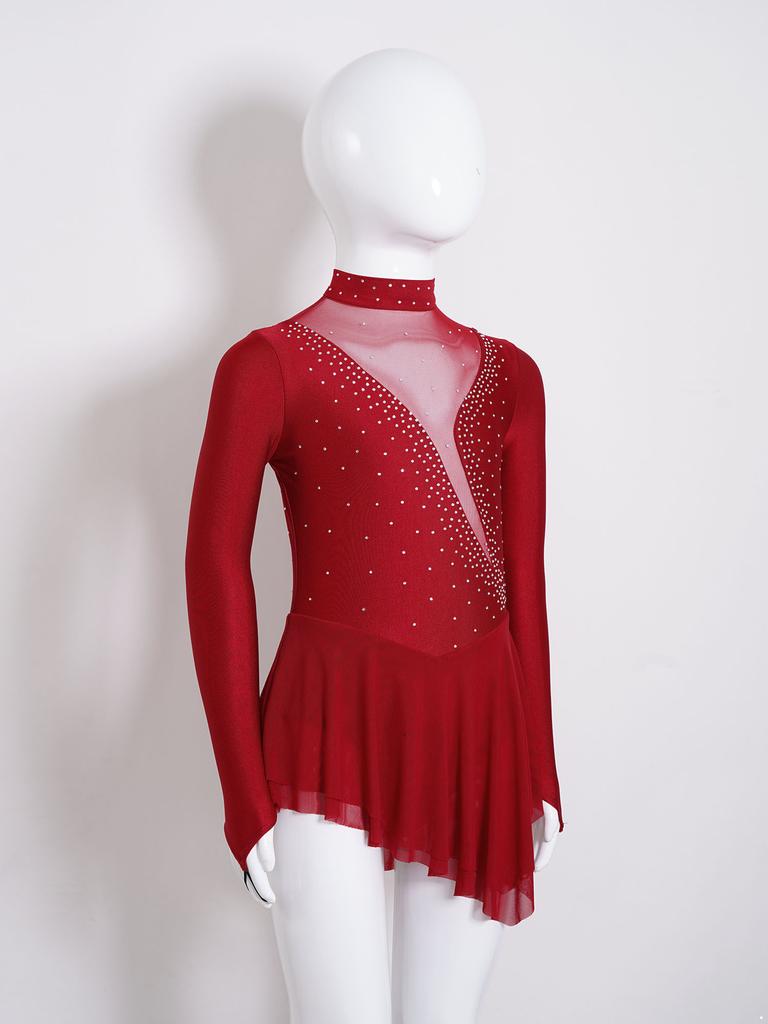 Kid Girls Figure Ice Skating Dress Long Sleeve Irregular Hem Leotard Dress Stage Performance Costume