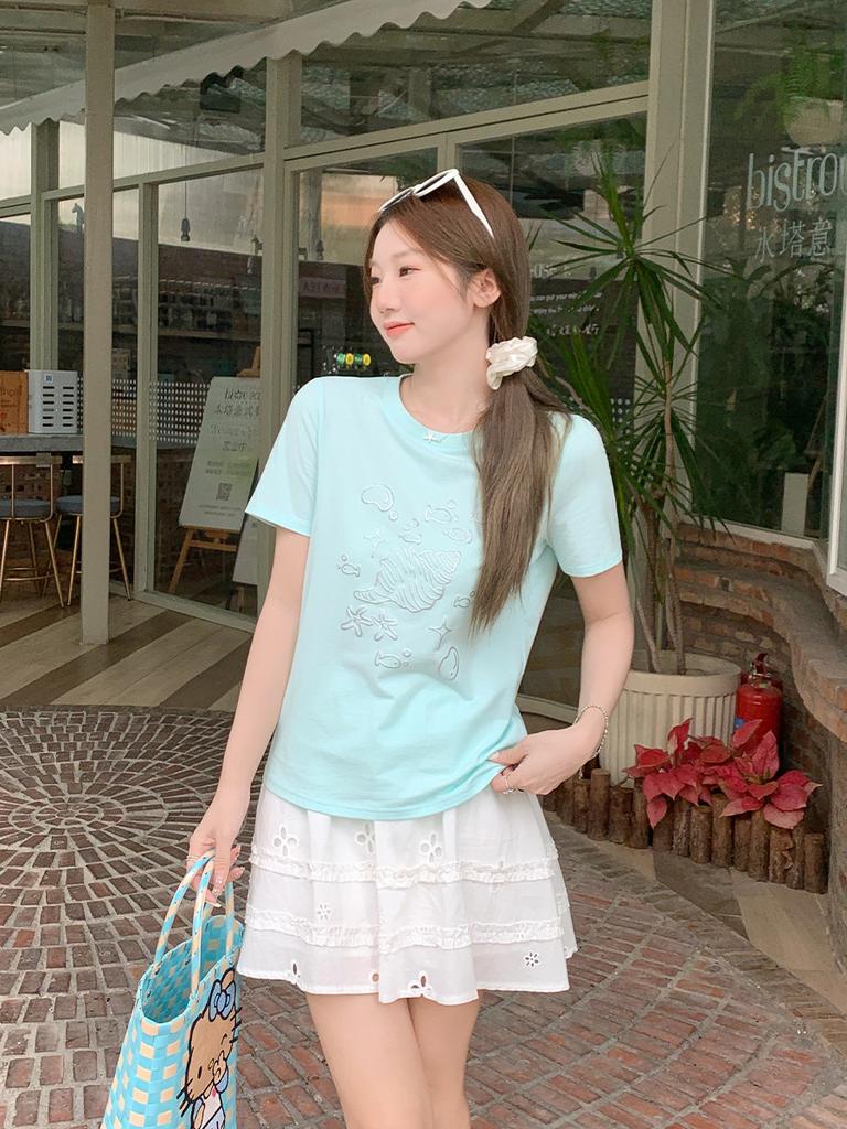 Sweet and cute shell print round neck front shoulder short-sleeved women's t-shirt summer new loose and thin top